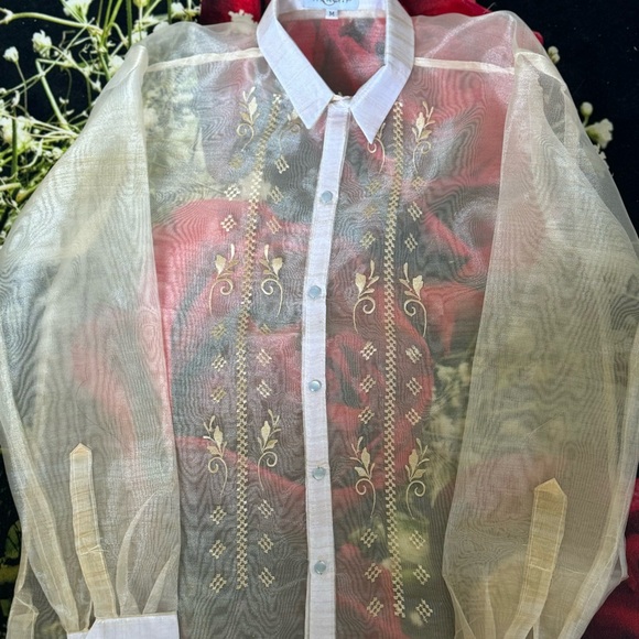 Plus size - Men’s Beige Pina Organza Barong Tagalog Full Open w/ embroidery - Picture 7 of 9